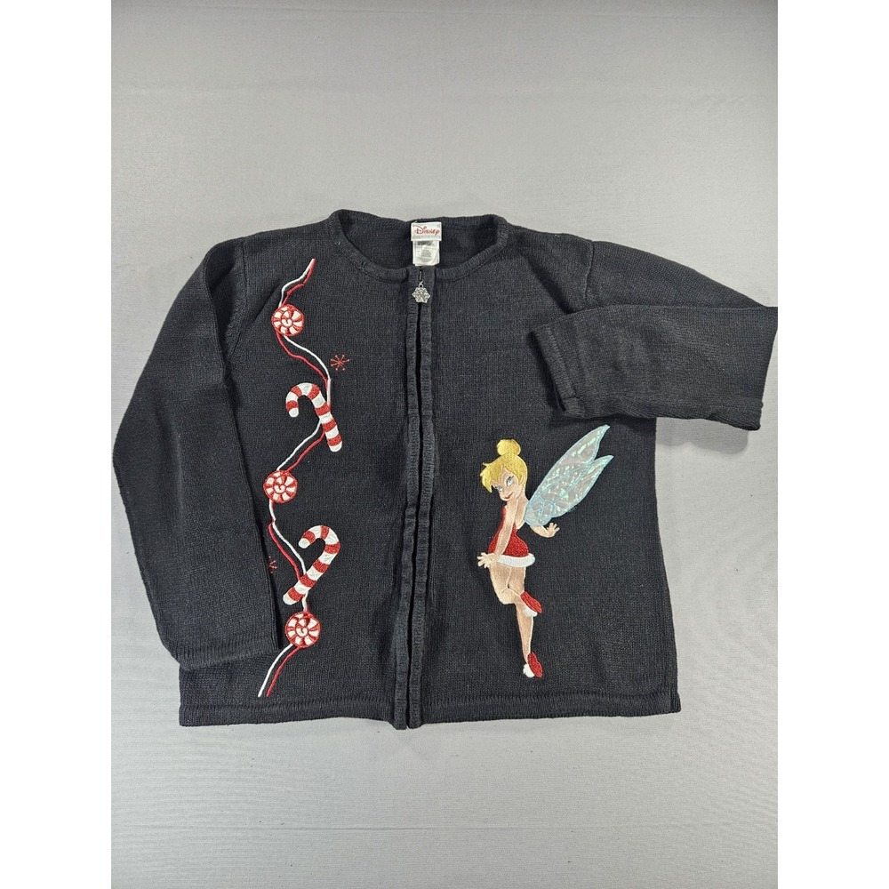 Disney Store Tinker Bell Christmas Cardigan Sweater Black Knit Large Holiday Vtg